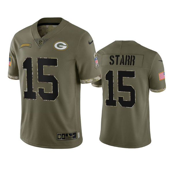  Mens Green Bay Packers #15 Bart Starr Olive 2022 Salute To Service Jersey 