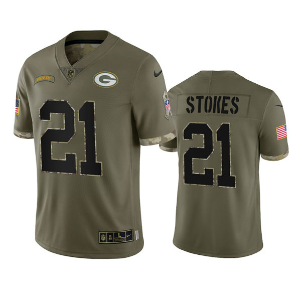  Mens Green Bay Packers #21 Eric Stokes Olive 2022 Salute To Service Jersey 