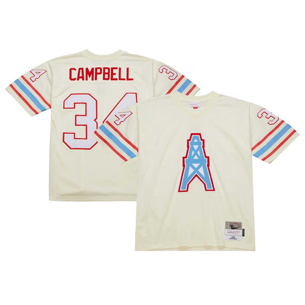  Mens Houston Oilers #34 Earl Campbell Mitchell & Ness Chainstitch Legacy Jersey - Cream 