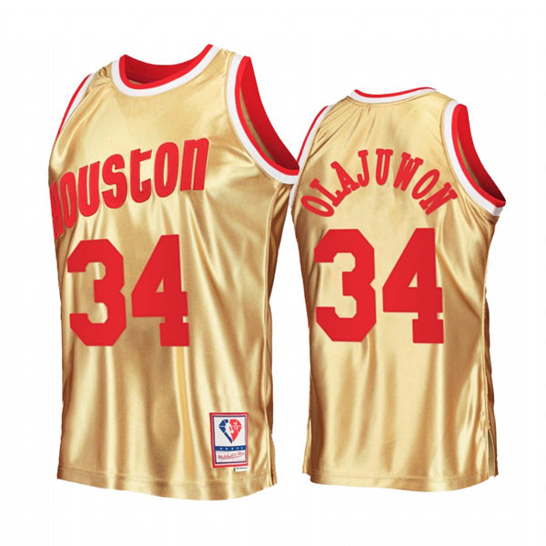  Mens Houston Rockets #34 Hakeem Olajuwon Gold Mitchell & Ness Hardwood Classics Swingman Jersey 