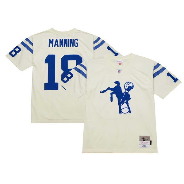  Mens Indianapolis Colts #18 Peyton Manning Mitchell & Ness Chainstitch Legacy Jersey - Cream 