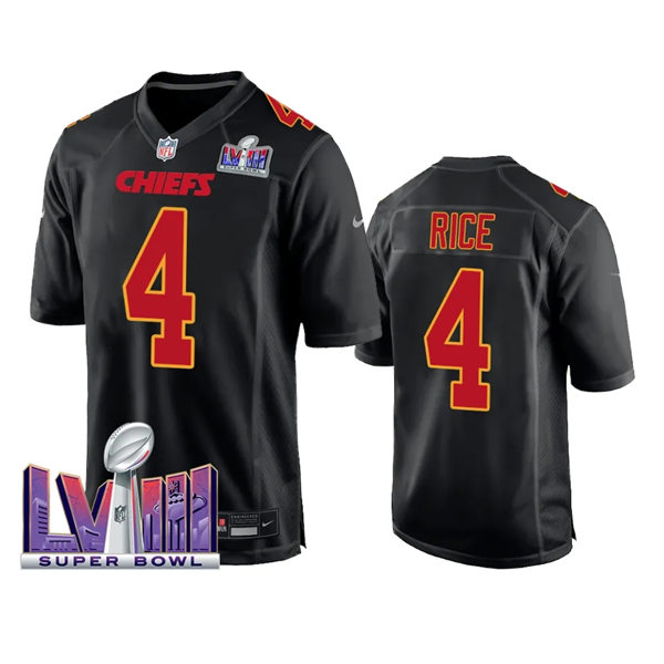  Mens Kansas City Chiefs #4 Rashee Rice 2024 Super Bowl LVIII Black Carbon Fashion Game Player Jersey 