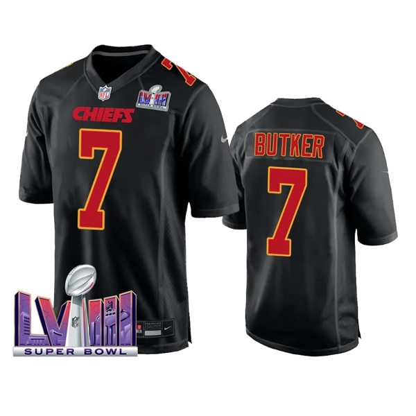  Mens Kansas City Chiefs #7 Harrison Butker 2024 Super Bowl LVIII Black Carbon Fashion Game Player Jersey 
