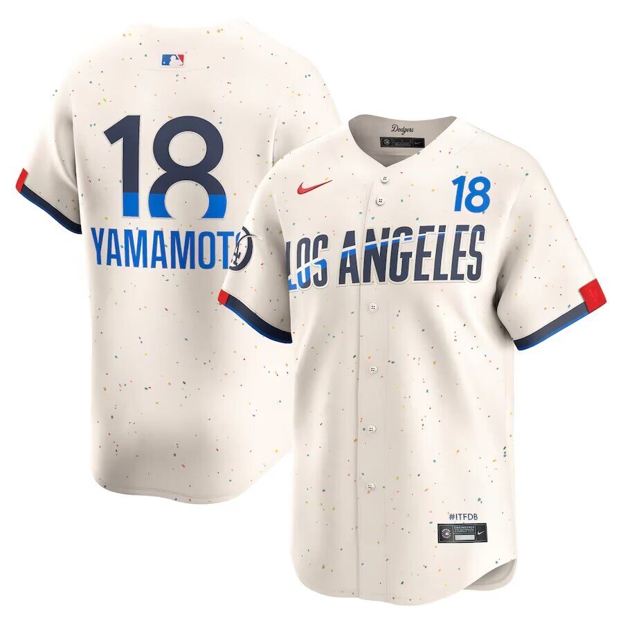  Mens Los Angeles Dodgers #18 Yoshinobu Yamamoto 2024 City Connect Limited Player Jersey - Cream (14) 