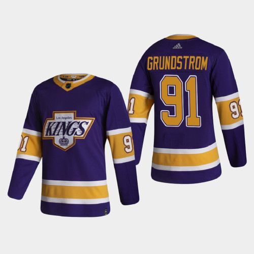  Mens Los Angeles Kings #91 Carl Grundstrom Adidas 2021 Purple Reverse Retro Jersey 