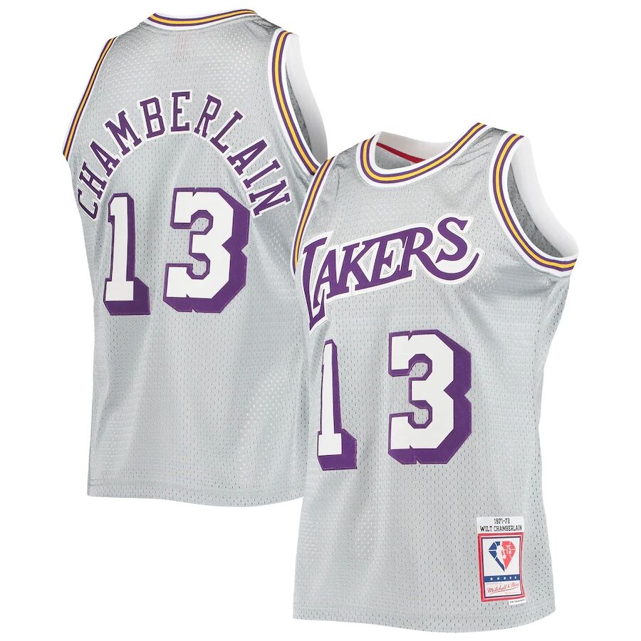  Mens Los Angeles Lakers #13 Wilt Chamberlain Mitchell & Ness Silver 1971-72 Hardwood Classics Swingman Jersey 