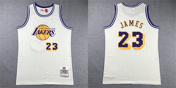  Mens Los Angeles Lakers #23 LeBron James Mitchell & Ness Chainstitch Swingman Jersey - Cream 