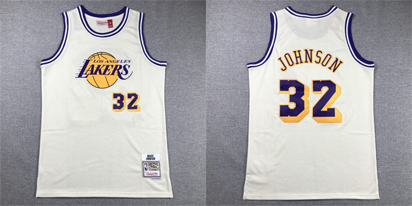  Mens Los Angeles Lakers #32 Magic Johnson Mitchell & Ness Chainstitch Swingman Jersey - Cream 