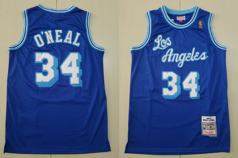  Mens Los Angeles Lakers #34 Shaquille O'Neal Mitchell & Ness Royal 1996-97 Hardwood Classics Swingman Jersey S-XXL 