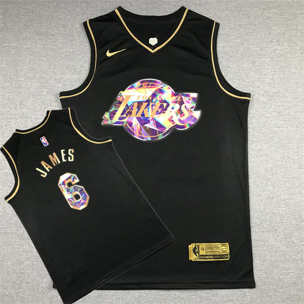  Mens Los Angeles Lakers #6 LeBron James 2021-22 Diamond Team Logo NBA 75th Season Black Golden Jersey 