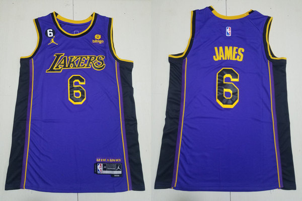  Mens Los Angeles Lakers #6 LeBron James 2022-23 New Uniform Purple Statement Edition Jersey 