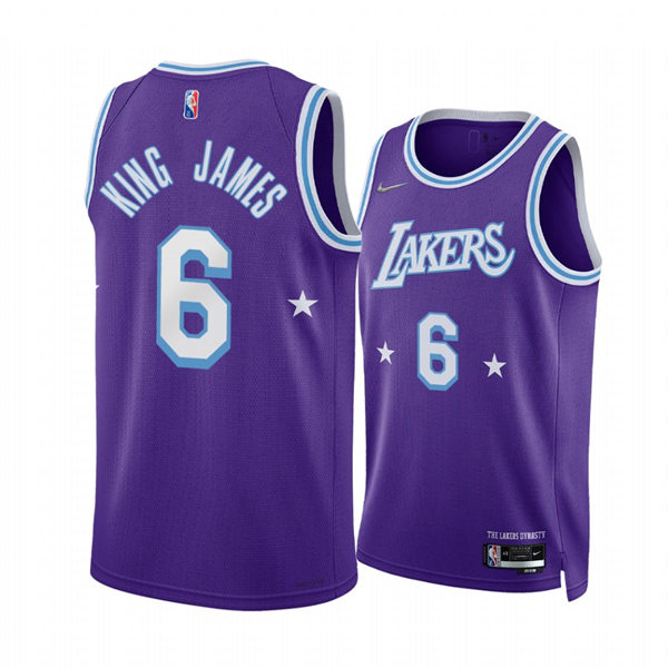  Mens Los Angeles Lakers #6 LeBron James Nickname King James Lakers Nickname Diamond Purple 2022 City Edition Jersey 