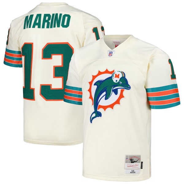  Mens Miami Dolphins #13 Dan Marino Mitchell & Ness Chainstitch Legacy Jersey - Cream 