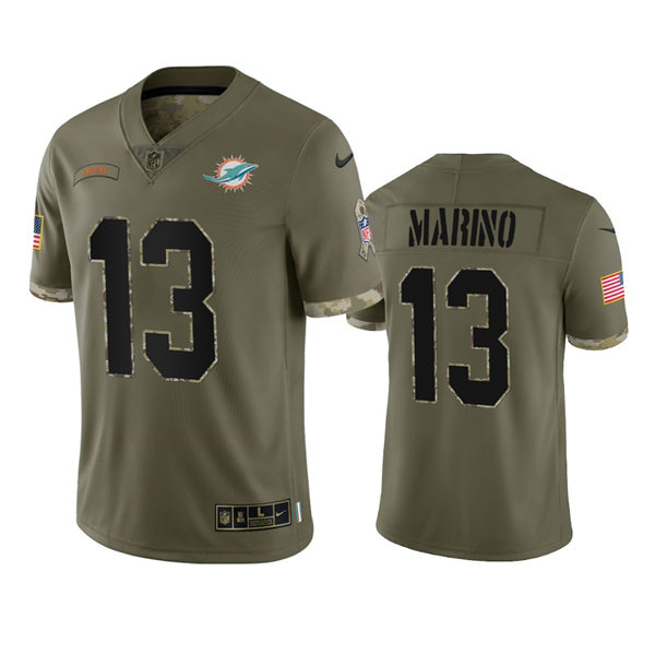  Mens Miami Dolphins #13 Dan Marino Olive 2022 Salute To Service Limited Jersey 