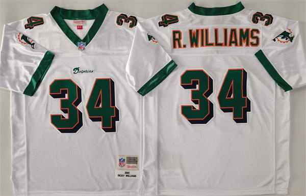  Mens Miami Dolphins #34 Ricky Williams Mitchell & Ness 2002 White Throwback Jersey 