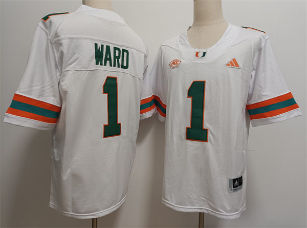  Mens Miami Hurricanes #1 Cam Ward 2024 White Football Game Jersey 