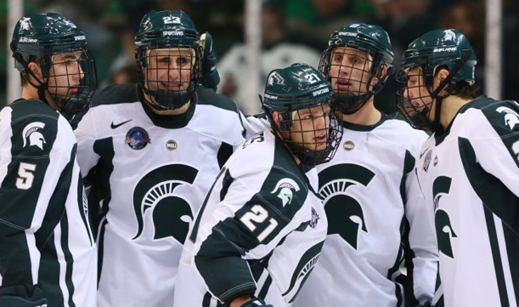  Mens Michigan State Spartans Custom 2015 Home White Logo Nike Hockey Jersey