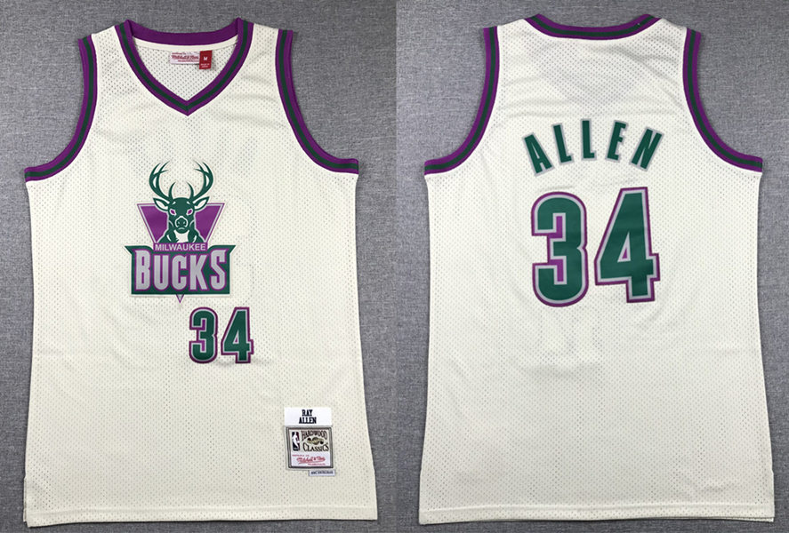  Mens Milwaukee Bucks #34 Ray Allen Mitchell & Ness Chainstitch Swingman Jersey - Cream 
