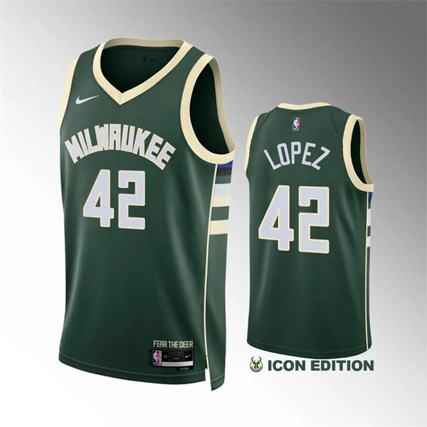  Mens Milwaukee Bucks #42 Robin Lopez Hunter Green Icon Edition Player Jersey 