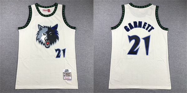  Mens Minnesota Timberwolves #21 Kevin Garnett Mitchell & Ness Chainstitch Swingman Jersey - Cream 