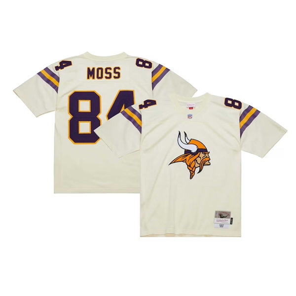  Mens Minnesota Vikings #84 Randy Moss Minnesota Vikings Mitchell & Ness Chainstitch Legacy Jersey - Cream 