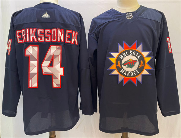  Mens Minnesota Wild #14 Joel Eriksson Ek Navy 2021-22 Native American Heritage Day Jersey 