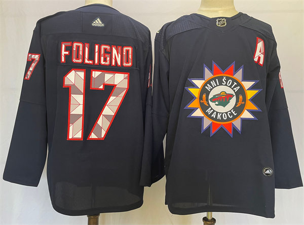  Mens Minnesota Wild #17 Marcus Foligno Navy 2021-22 Native American Heritage Day Jersey 