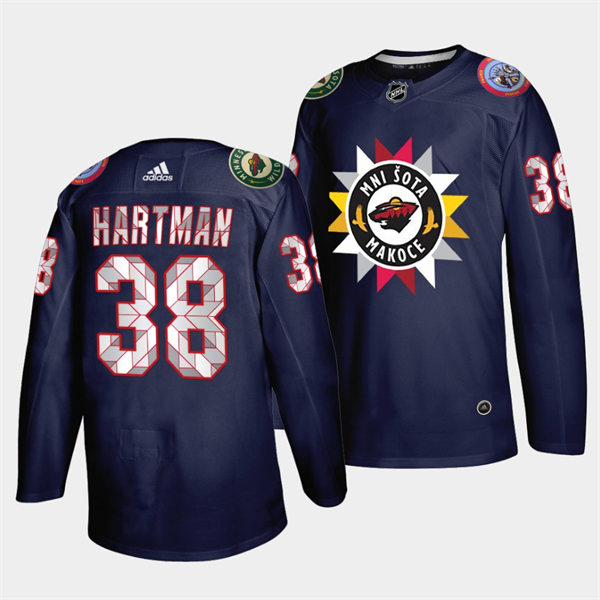  Mens Minnesota Wild #38 Ryan Hartman Navy 2021-22 Native American Heritage Day Jersey 