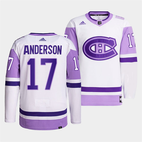  Mens Montreal Canadiens #17 Josh Anderson 2021-22 White Purple Hockey Fights Cancer Primegreen Jersey 