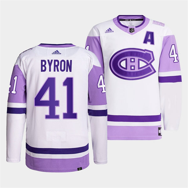  Mens Montreal Canadiens #41 Paul Byron 2021-22 White Purple Hockey Fights Cancer Primegreen Jersey 