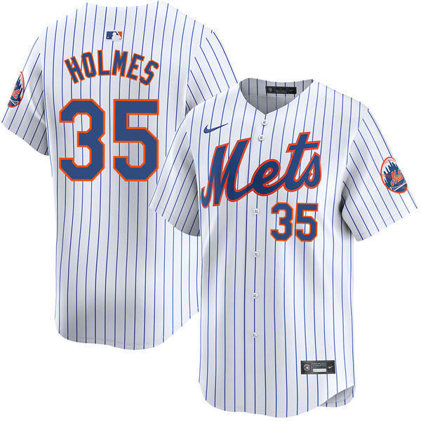  Mens New York Mets #35 Clay Holmes Nike Home White Pinstripe Limited Player Jersey 