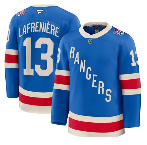  Mens New York Rangers #13 Alexis Lafreniere Fanatics 100th Anniversary Premium Centennial Jersey 