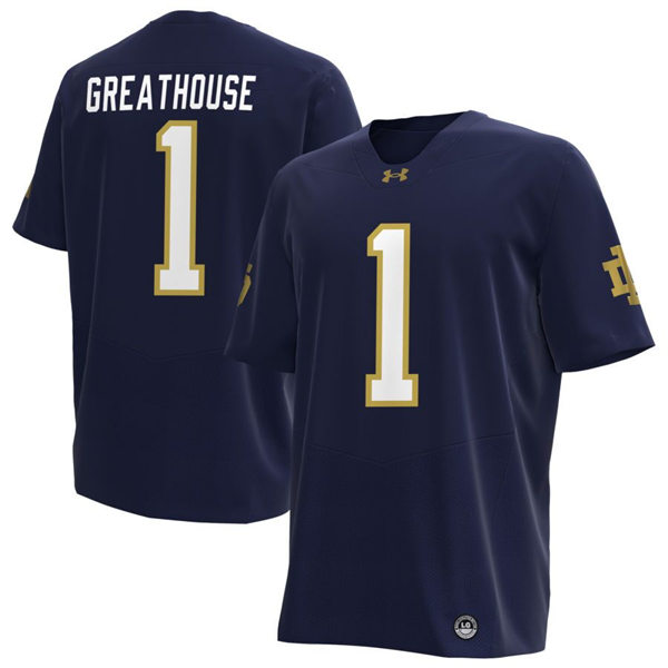  Mens Notre Dame Fighting Irish #1 Jaden Greathouse 2024 Navy With Name Player Football Jersey 