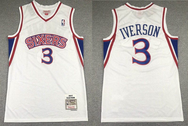  Mens Philadelphia 76ers #3 Allen Iverson 1996-97 White Throwback Hardwood Classics Jersey 