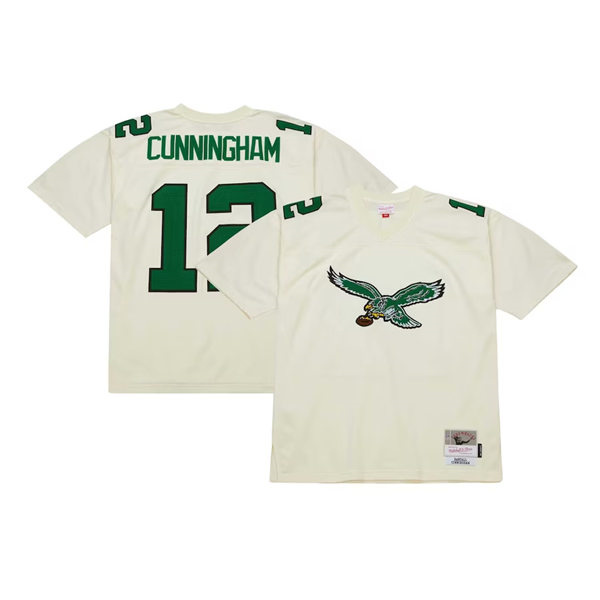  Mens Philadelphia Eagles #12 Randall Cunningham Mitchell & Ness Chainstitch Legacy Jersey - Cream 