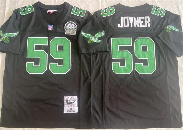  Mens Philadelphia Eagles #59 Seth Joyner 1990 Black Throwback 99 Honor Patch Jersey 