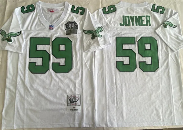  Mens Philadelphia Eagles #59 Seth Joyner 1990 White Throwback 99 Honor Patch Jersey 