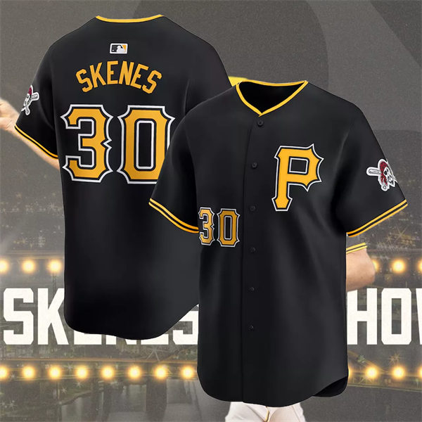 Mens Pittsburgh Pirates #30 Paul Skenes Nike Black Alternate Team Logo P Limited Player Jersey 
