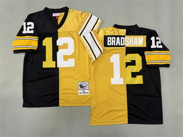  Mens Pittsburgh Steelers #12 Terry Bradshaw Black Gold Split Two Tone Throwback Jersey 