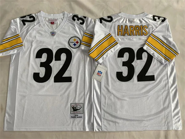  Mens Pittsburgh Steelers #32 Franco Harris 1976 Road White Circular Number Throwback Jersey 