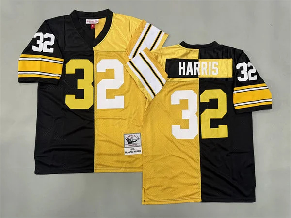  Mens Pittsburgh Steelers #32 Franco Harris Black Gold Split Two Tone Throwback Jersey 