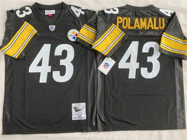  Mens Pittsburgh Steelers #43 Troy Polamalu 2005 Home Black Circular Number Throwback Jersey 