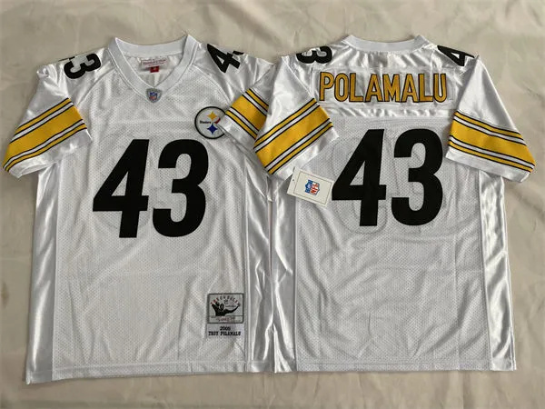  Mens Pittsburgh Steelers #43 Troy Polamalu 2005 Road White Circular Number Throwback Jersey 