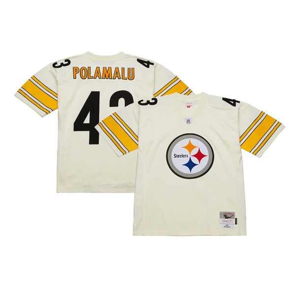  Mens Pittsburgh Steelers #43 Troy Polamalu Pittsburgh Steelers Mitchell & Ness Chainstitch Legacy Jersey - Cream 