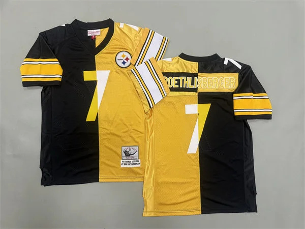  Mens Pittsburgh Steelers #7 Ben Roethlisberger Black Gold Split Two Tone Throwback Jersey 