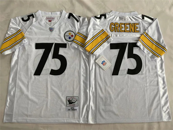  Mens Pittsburgh Steelers #75 Joe Greene 1975 Road White Circular Number Throwback Jersey 