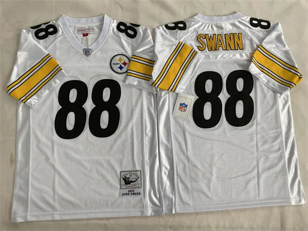  Mens Pittsburgh Steelers #88 Lynn Swann 1975 Road White  Circular Number Throwback Jersey 