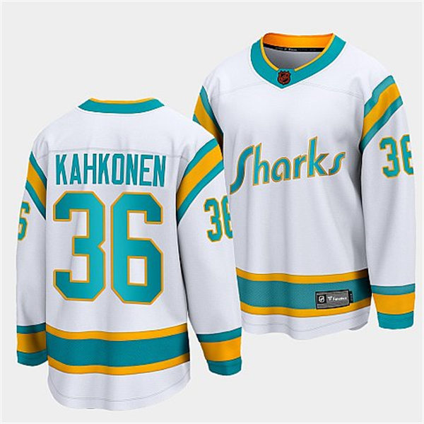  Mens San Jose Sharks #36 Kaapo Kahkonen  White 2022 Reverse Retro Primegreen Jersey 