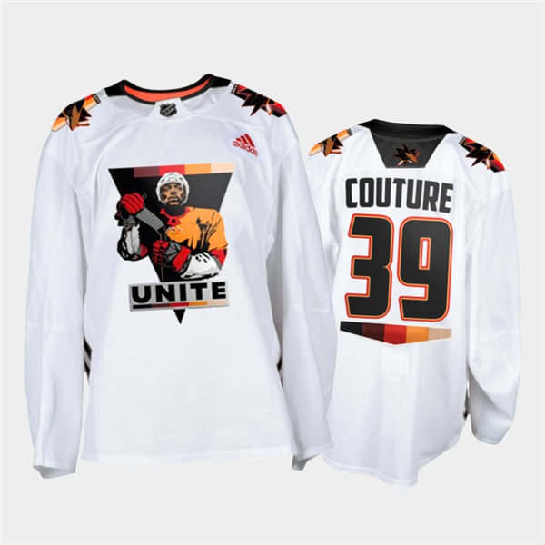  Mens San Jose Sharks #39 Logan Couture Adidas White Terry Smith Unite special warmup Jersey 