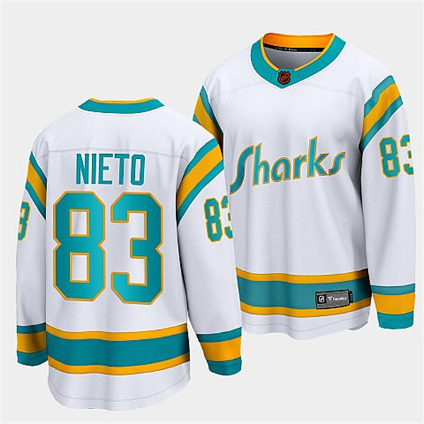  Mens San Jose Sharks #83 Matt Nieto White 2022 Reverse Retro Primegreen Jersey 